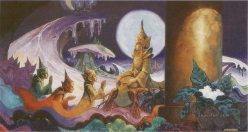仏教徒 Painting - トゥシタ天国のサントゥシタ・デーヴァが菩薩に地上に生まれ変わるよう懇願する諸天王たち 仏教